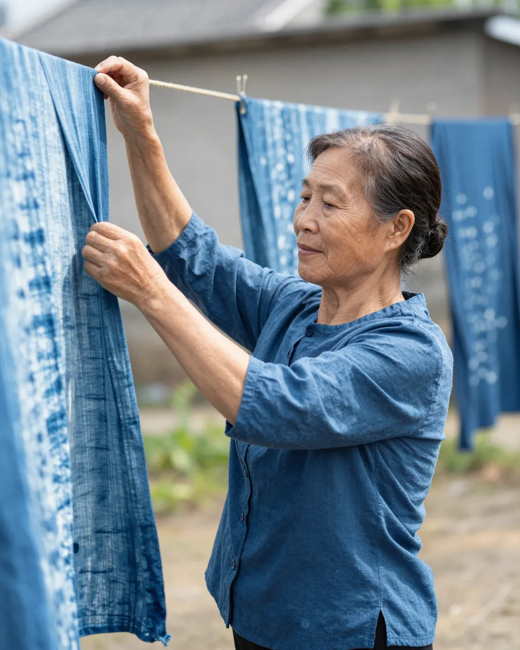 An older East Asian woman adjusts indigo dyed fabric on a clothesline in a sunny yard.