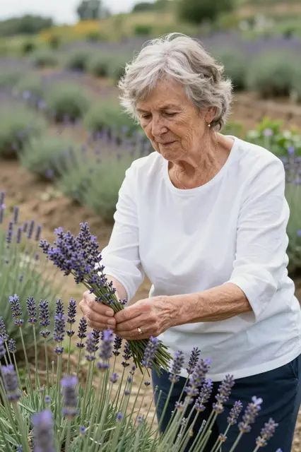 Elderly woman in a white blouse gathers lavender stems in a hillside garden