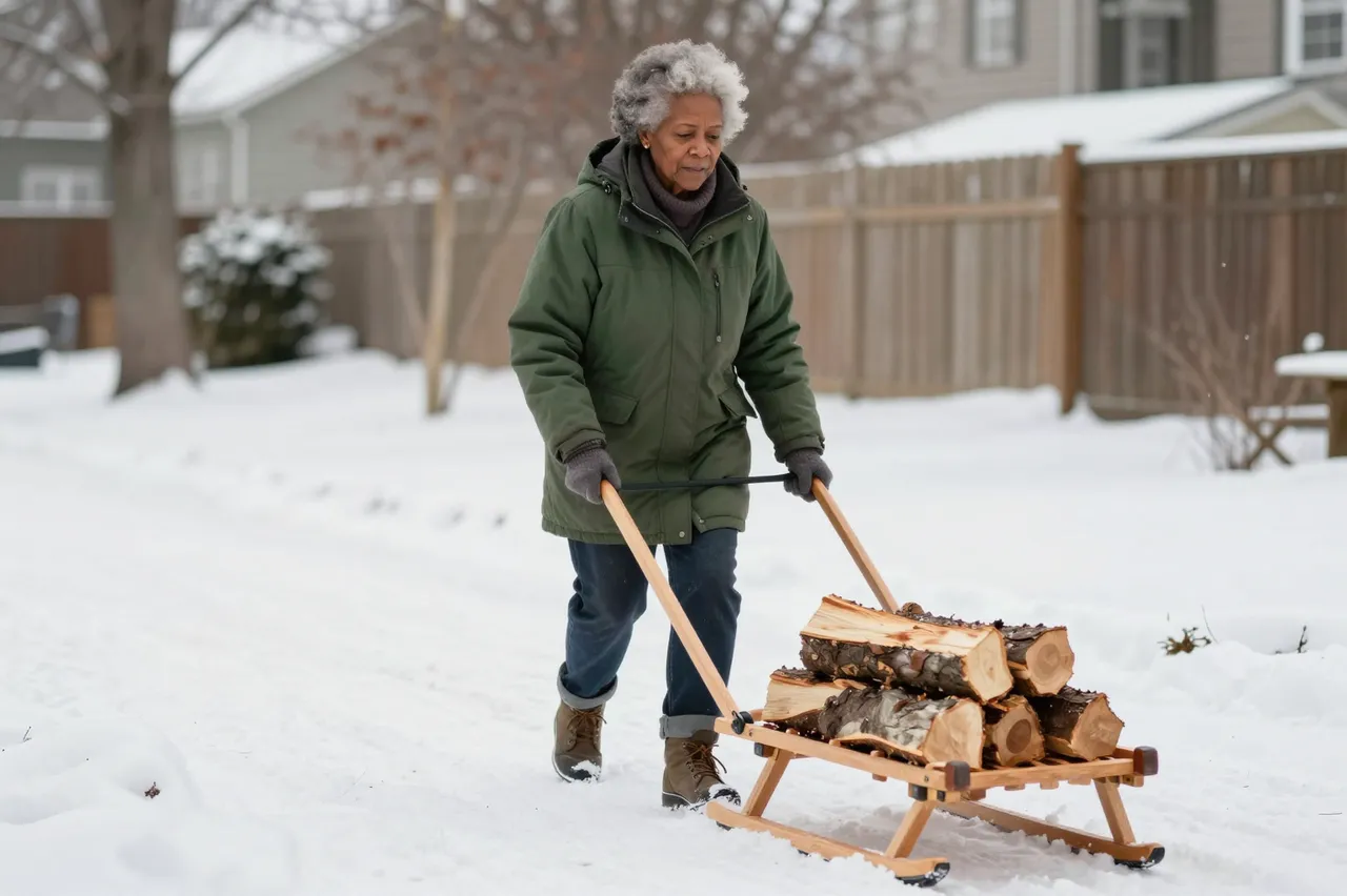 Elderly Black woman in a green parka pushes a wooden sled of firewood across a snowy residential yard