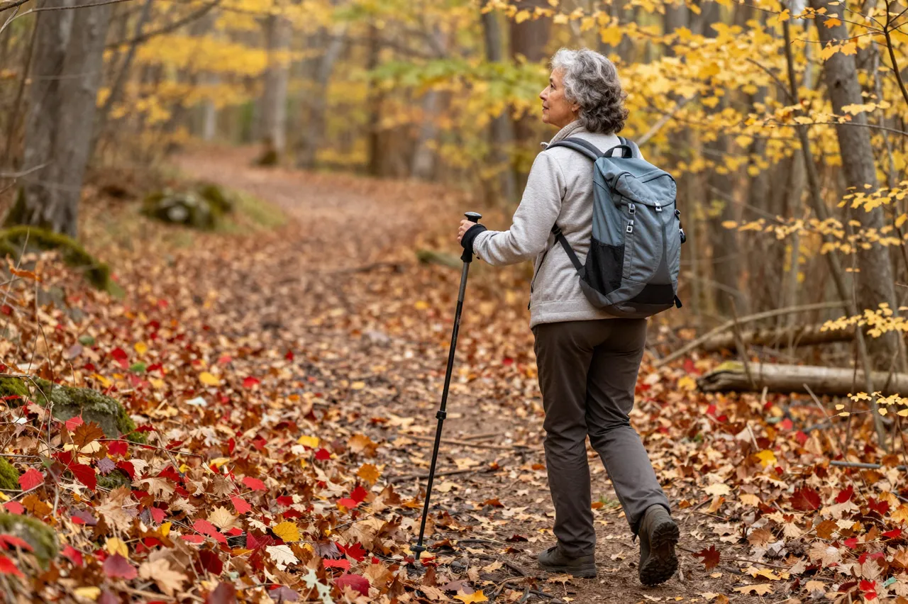 Side view of a senior mixed-race woman hiking a leaf-covered autumn forest trail with a trekking pole and backpack