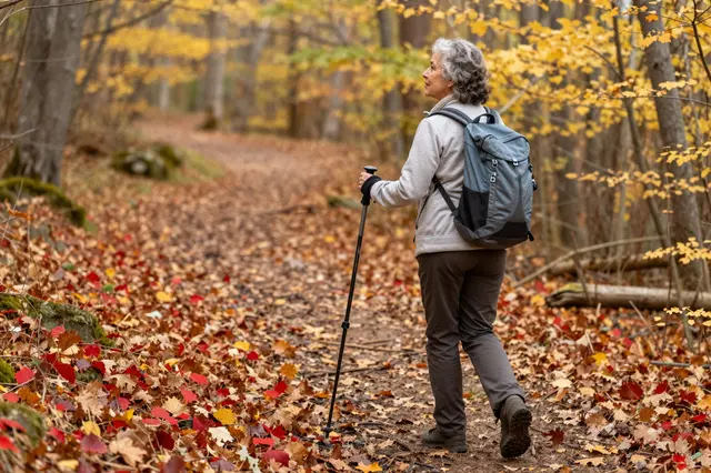 Side view of a senior mixed-race woman hiking a leaf-covered autumn forest trail with a trekking pole and backpack