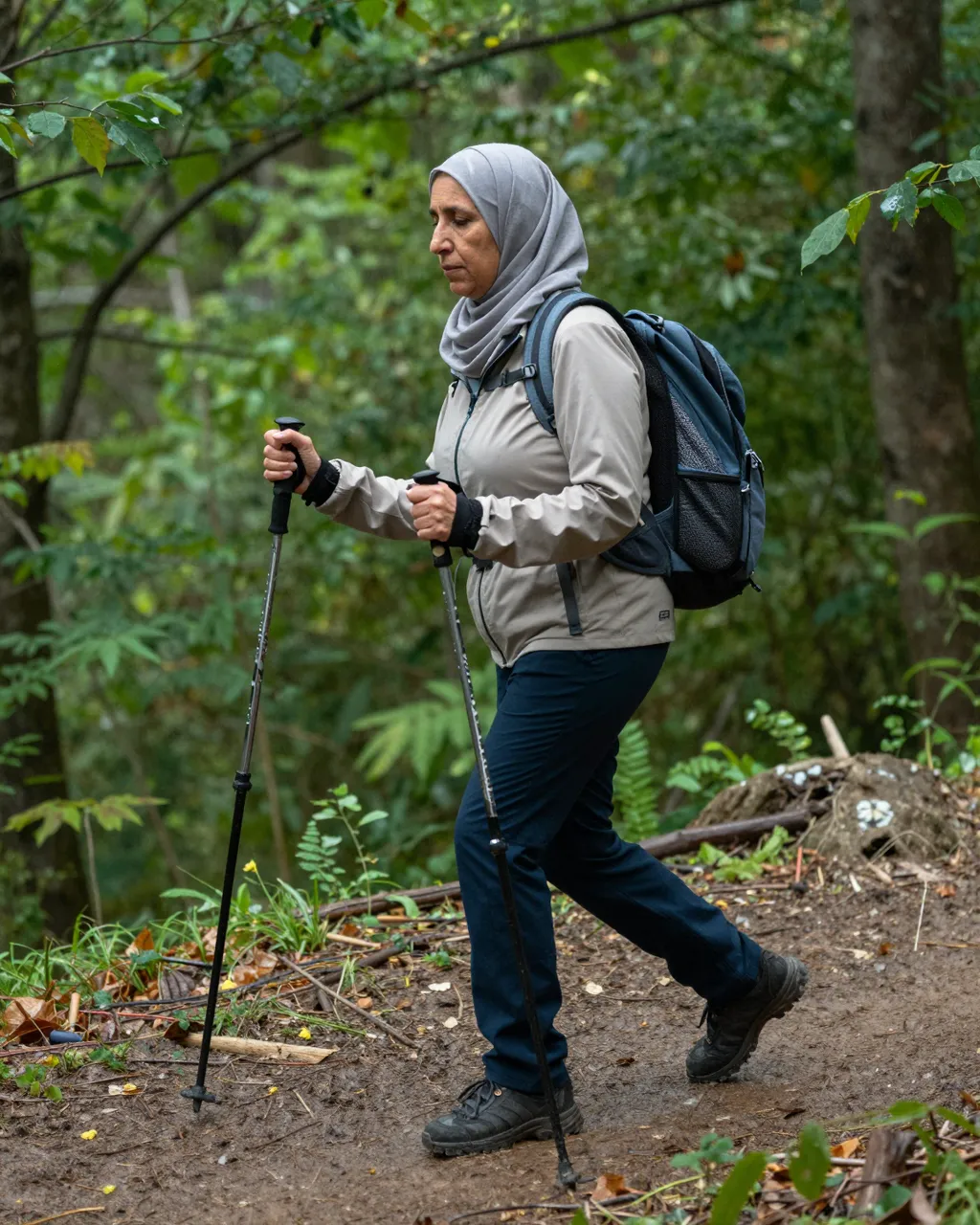Middle Eastern woman in a gray hijab hikes down a damp forest trail using trekking poles