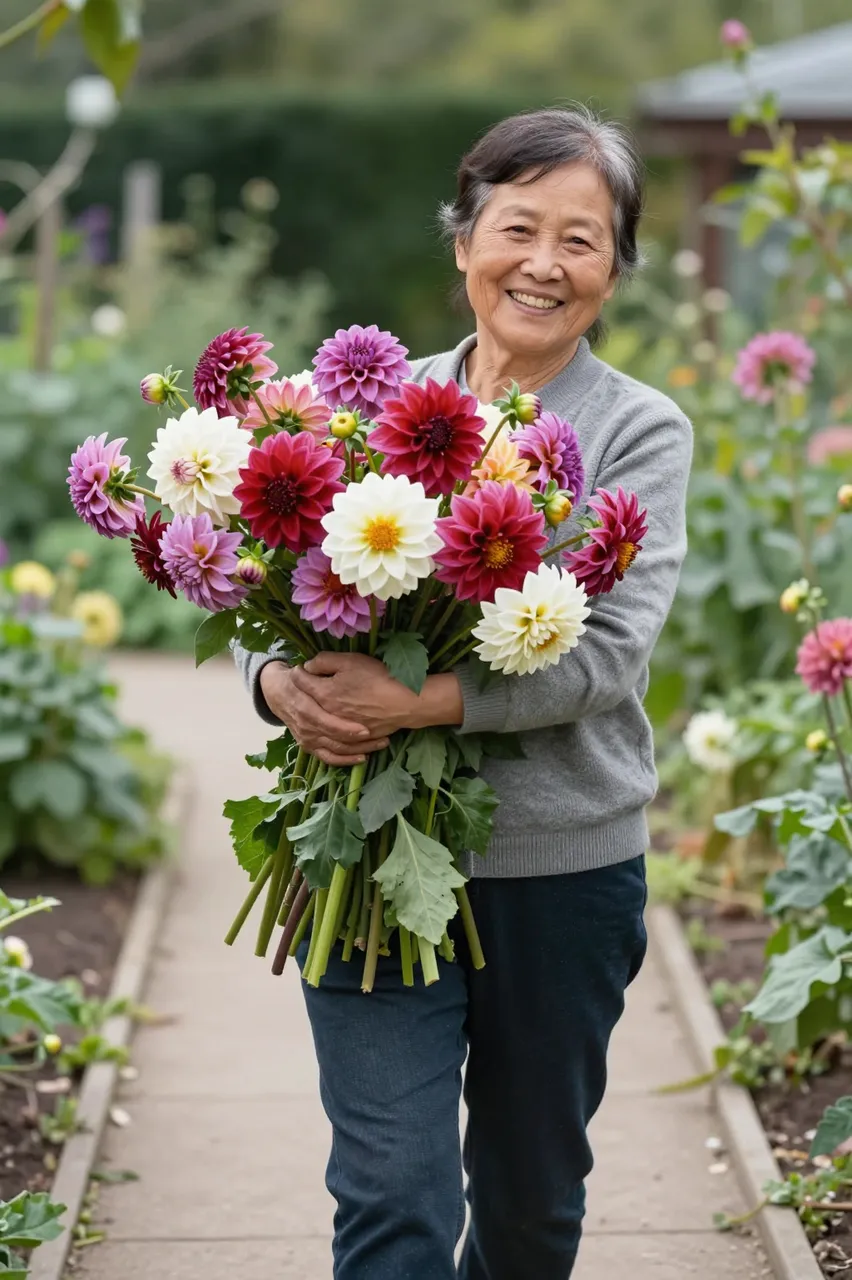 Smiling elderly East Asian woman holds a large armful of fresh cut dahlias while standing on a garden path.