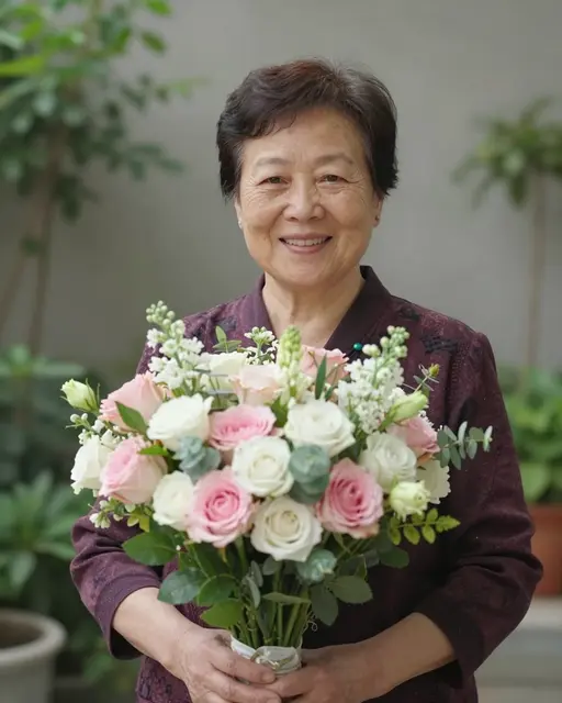 Smiling older East Asian woman holds a large pastel rose bouquet at her chest in soft light