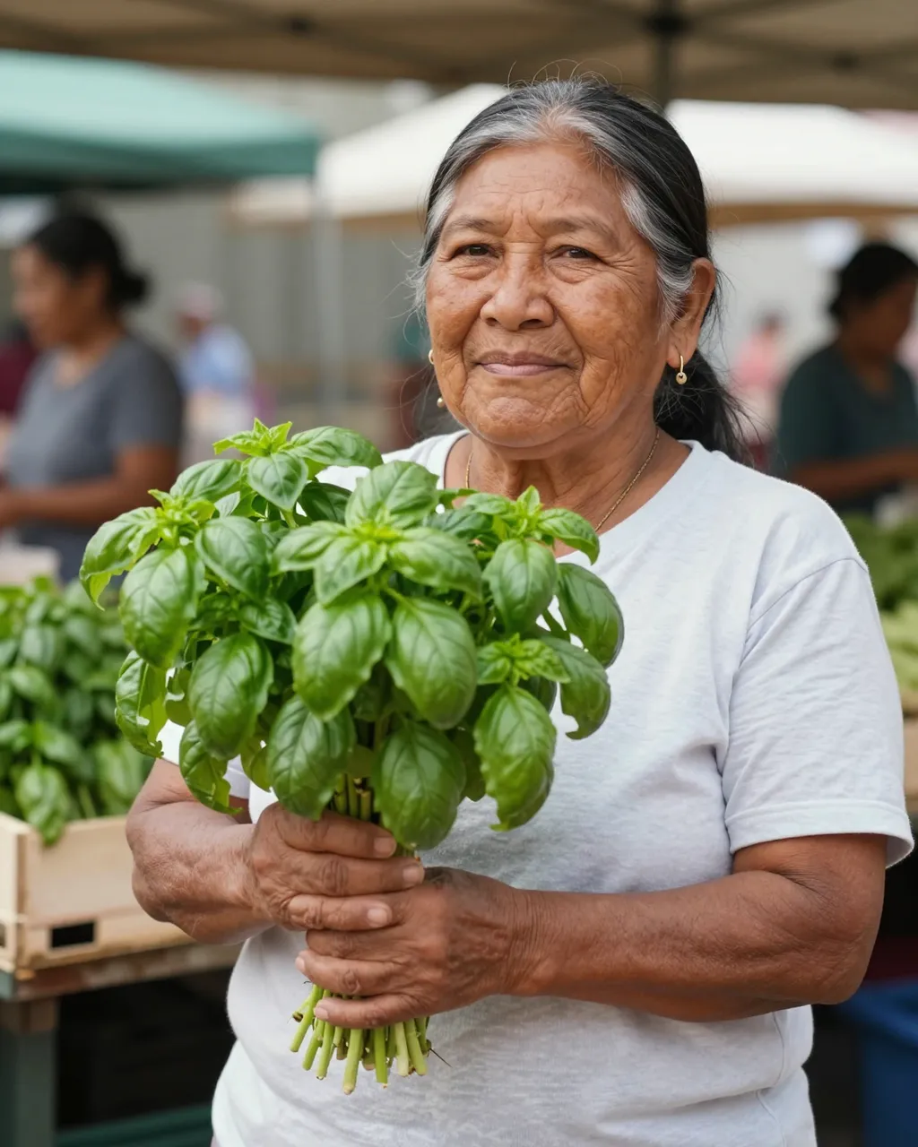 An elderly Indigenous woman holds a large bunch of fresh basil at a sunny outdoor market