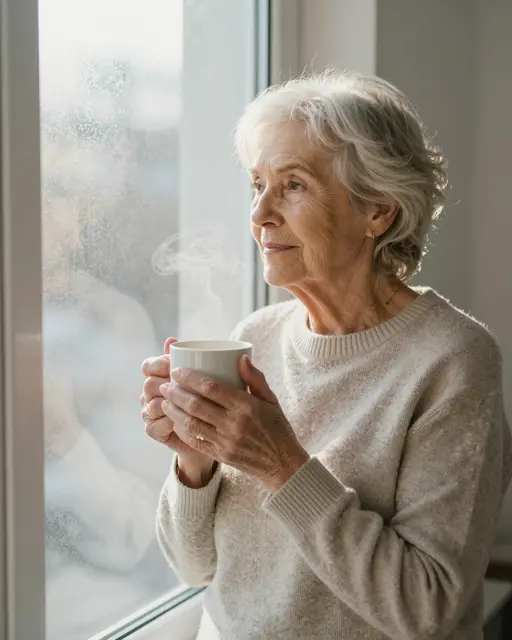 Elderly woman in a soft knit sweater holds a steaming mug while looking out a frosted window in morning light.