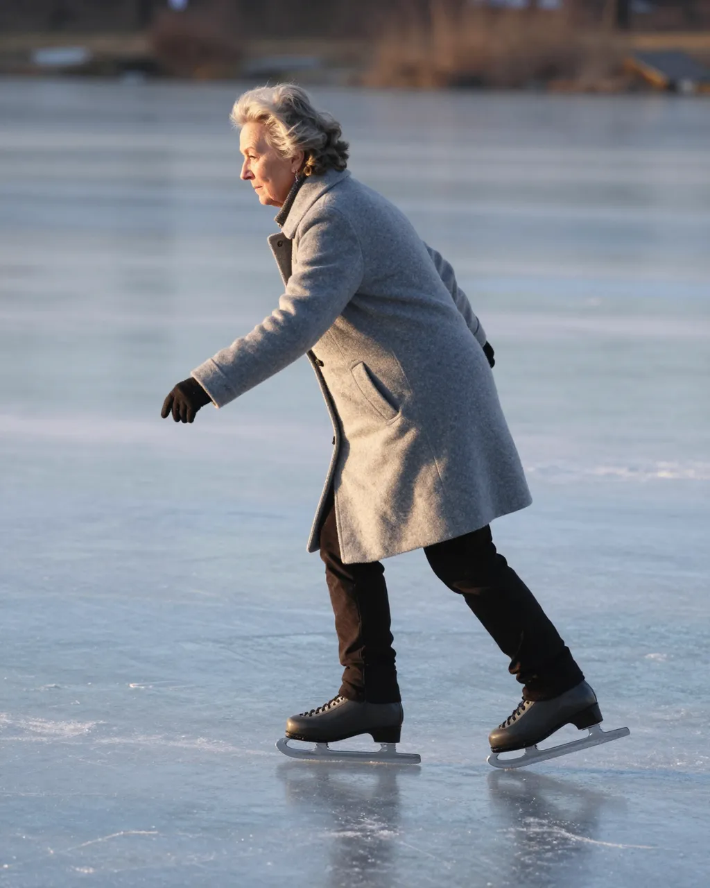 Side view of an older woman in a wool coat ice skating slowly across a frozen pond at dusk