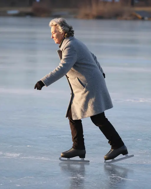 Side view of an older woman in a wool coat ice skating slowly across a frozen pond at dusk