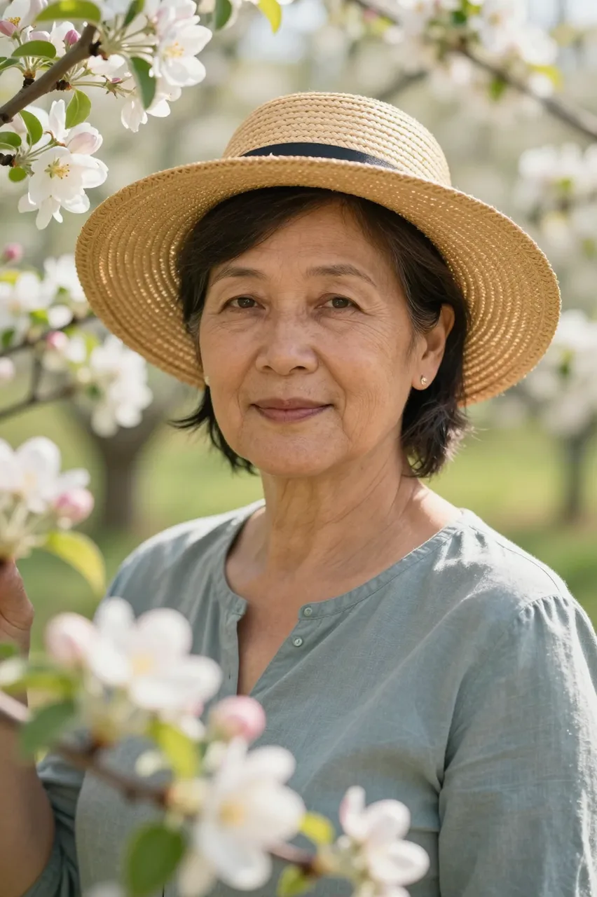A senior woman wearing a straw hat stands among blooming apple blossom branches in a sunny spring orchard.