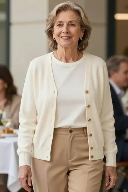 Smiling senior woman in a cream cardigan stands outside an outdoor brunch restaurant