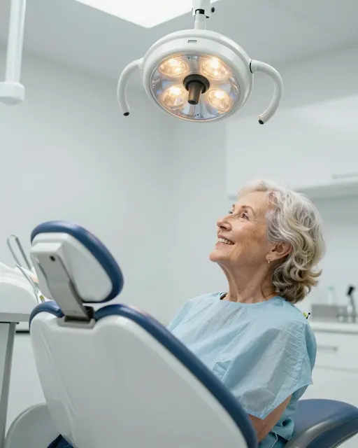 Smiling elderly woman reclines in a bright dental clinic beneath the overhead exam light.
