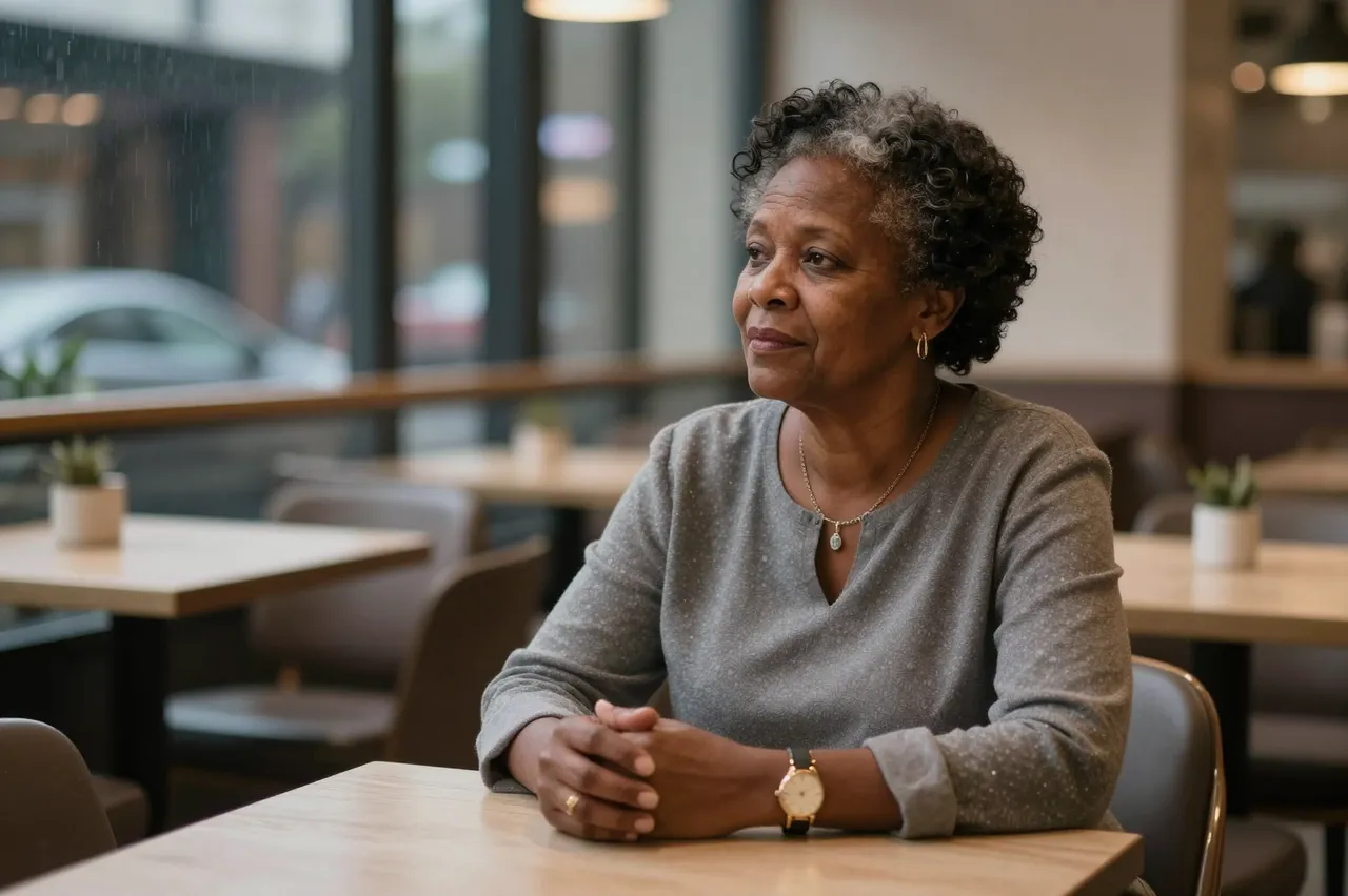 A thoughtful Black woman in her sixties sits alone at a cafe table on a rainy evening, looking out the window.