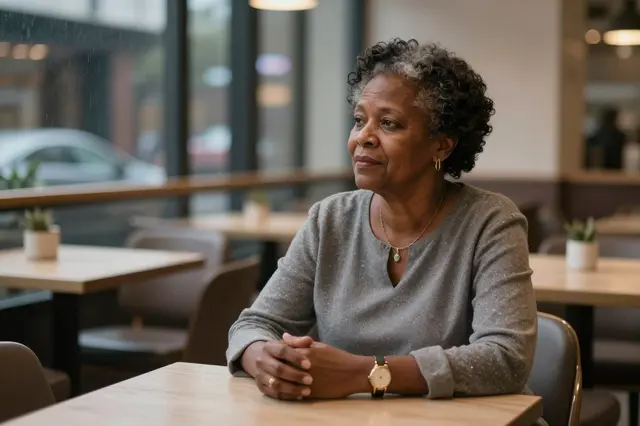 A thoughtful Black woman in her sixties sits alone at a cafe table on a rainy evening, looking out the window.