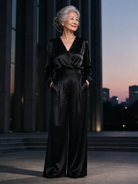 Elegant East Asian senior woman with silver hair stands outdoors at dusk in a black satin jumpsuit