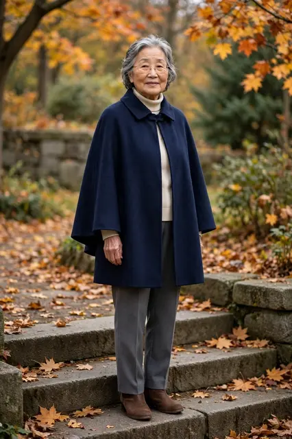 Elderly East Asian woman in a navy cape coat stands on stone autumn park steps