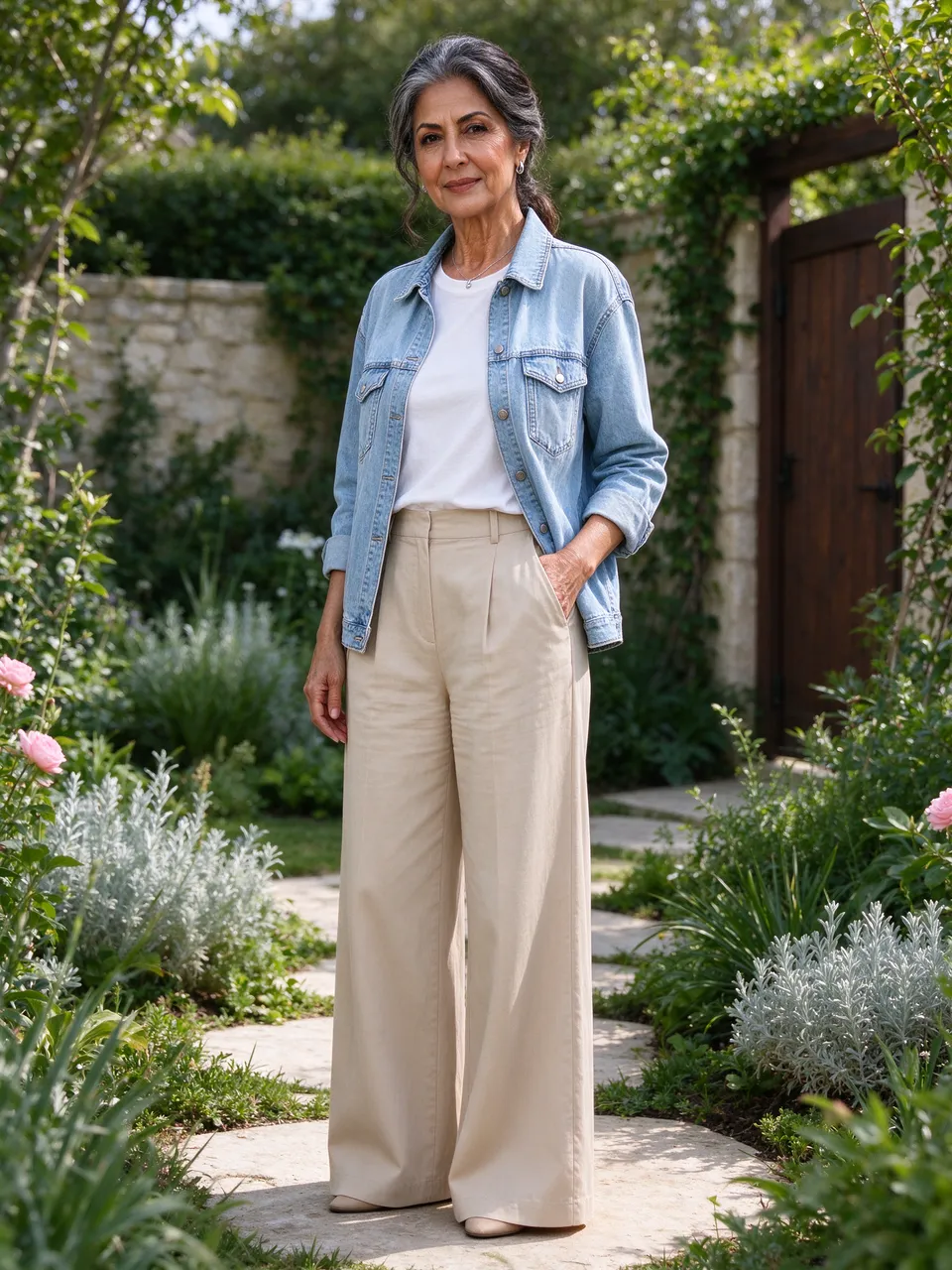 A mature Middle Eastern woman stands smiling on a stone garden path in casual weekend clothing.