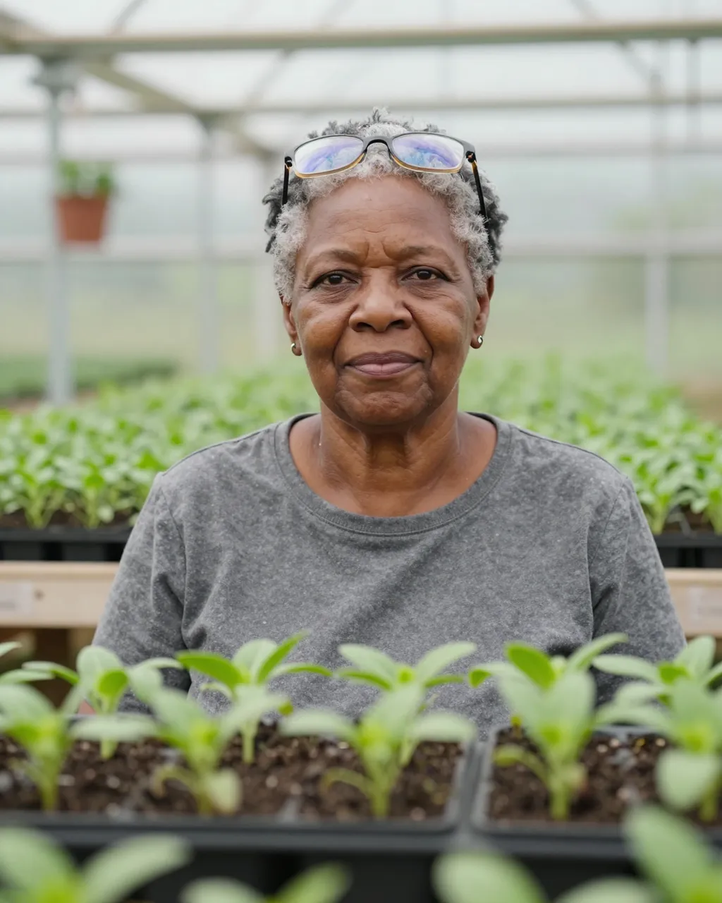 A Black senior woman with glasses on her head sits among seedling trays inside a greenhouse
