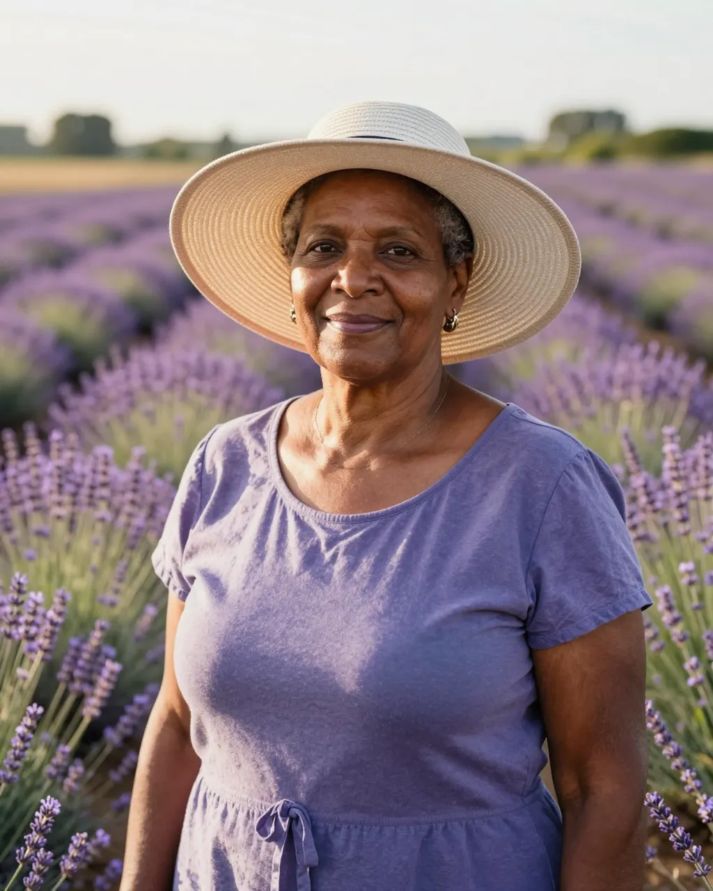 A smiling Black senior woman in a wide sun hat stands in a lavender farm at golden hour.