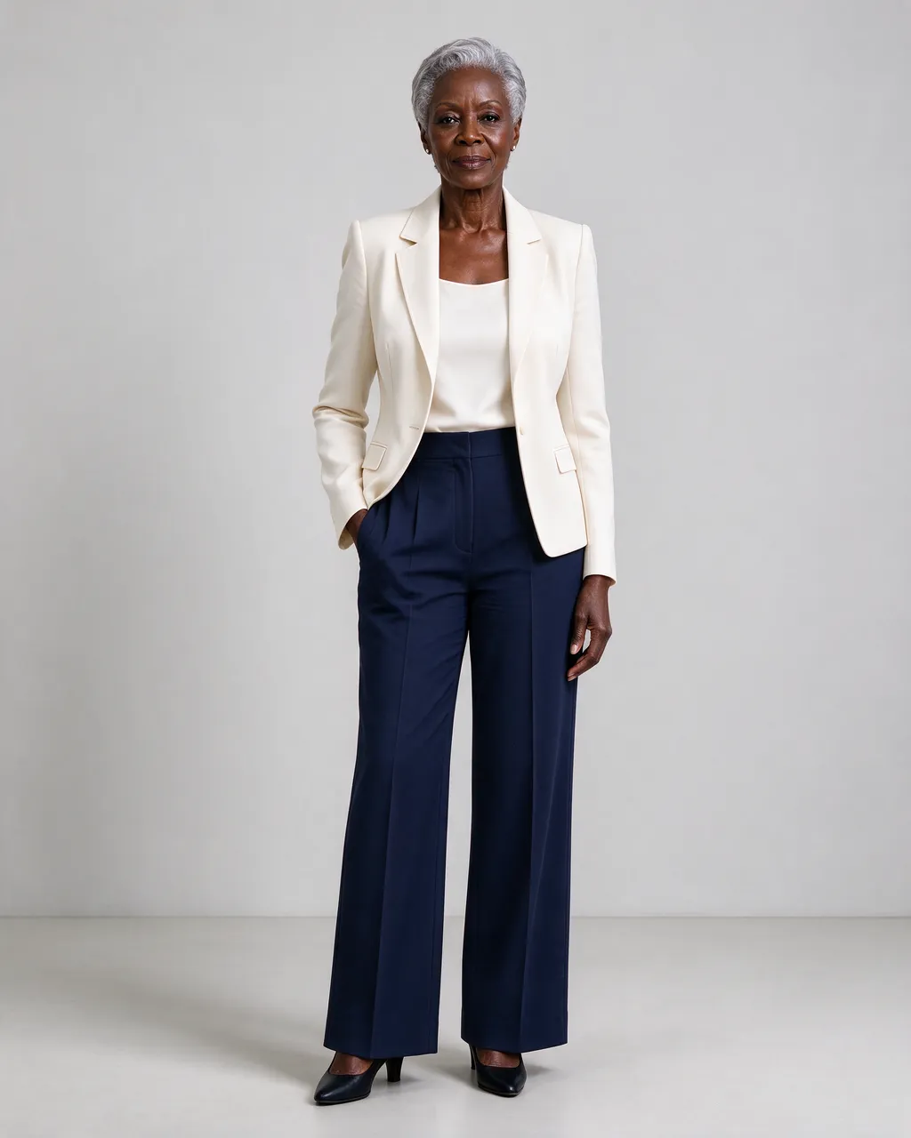 Older Black woman with short silver hair stands in a cream blazer and navy wide-leg trousers against a plain light gray