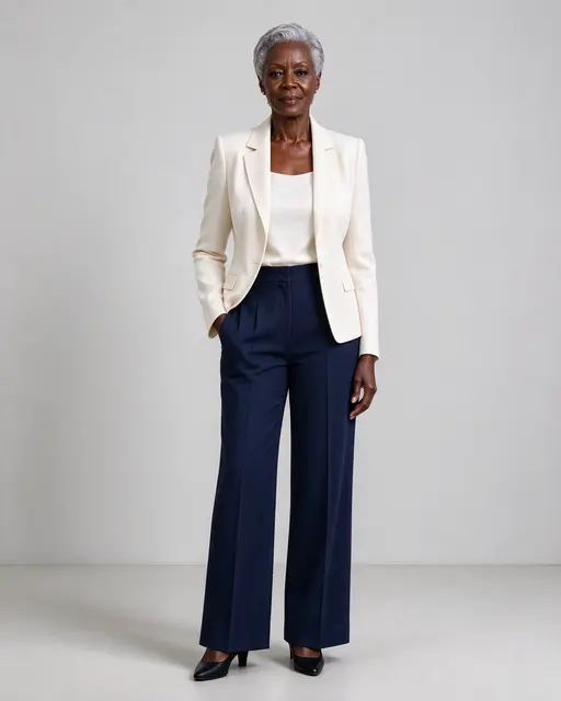Older Black woman with short silver hair stands in a cream blazer and navy wide-leg trousers against a plain light gray