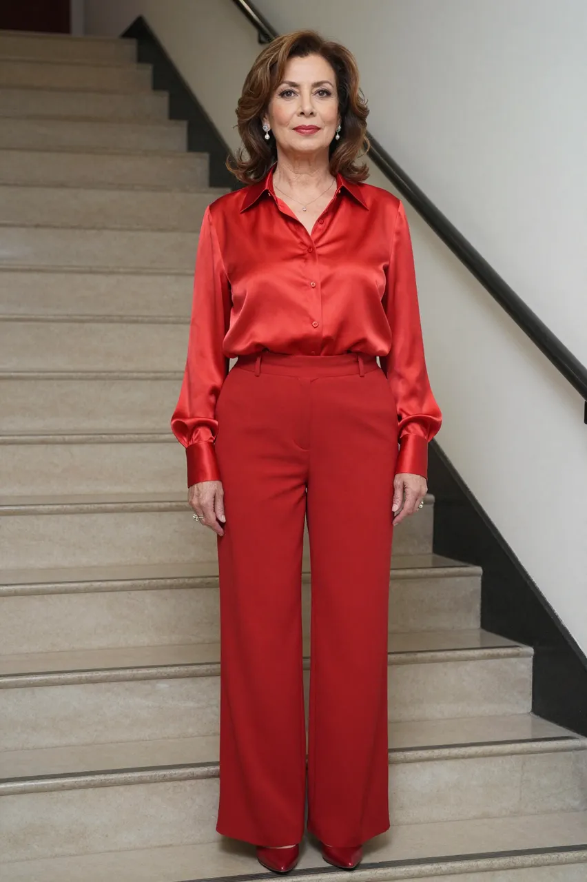 A Latina woman in her sixties wearing a red satin blouse stands on an indoor staircase