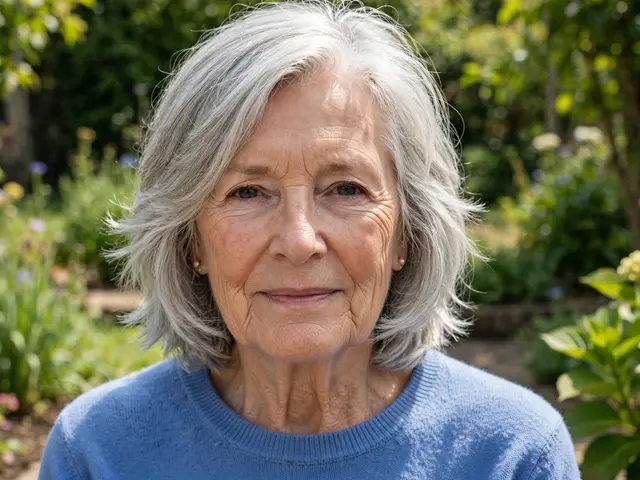 Portrait of a woman in her early seventies with silver hair wearing a blue sweater in a sunlit garden