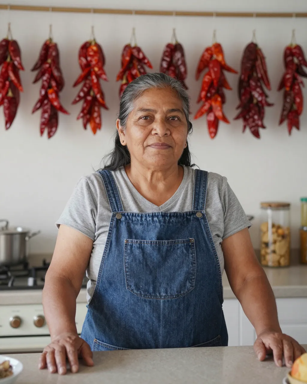 A Latina woman in her sixties rests her hands on a kitchen counter with dried chilies hanging on the wall behind her.