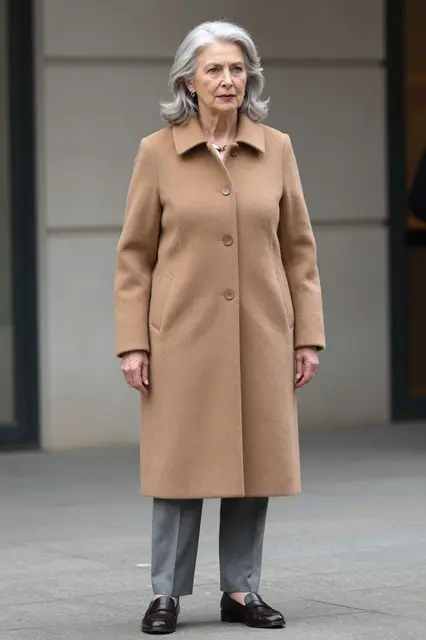 Older woman with silver hair stands outdoors wearing a long tan coat, gray trousers, and dark loafers