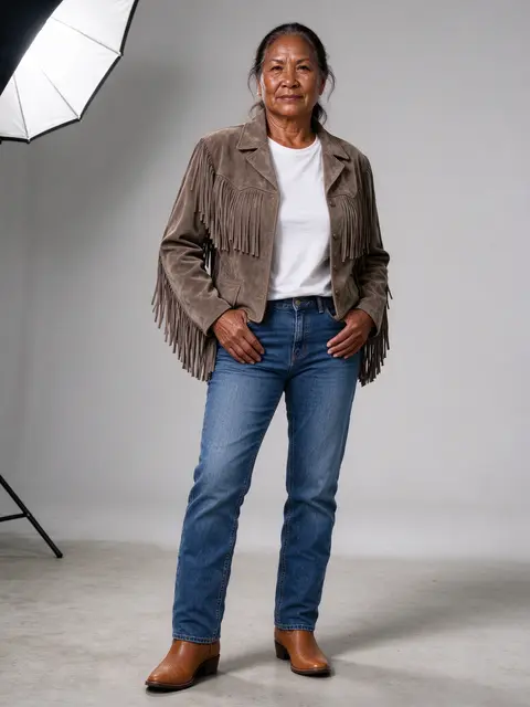 A senior Pacific Islander woman in western wear stands in a photography studio looking at the camera.