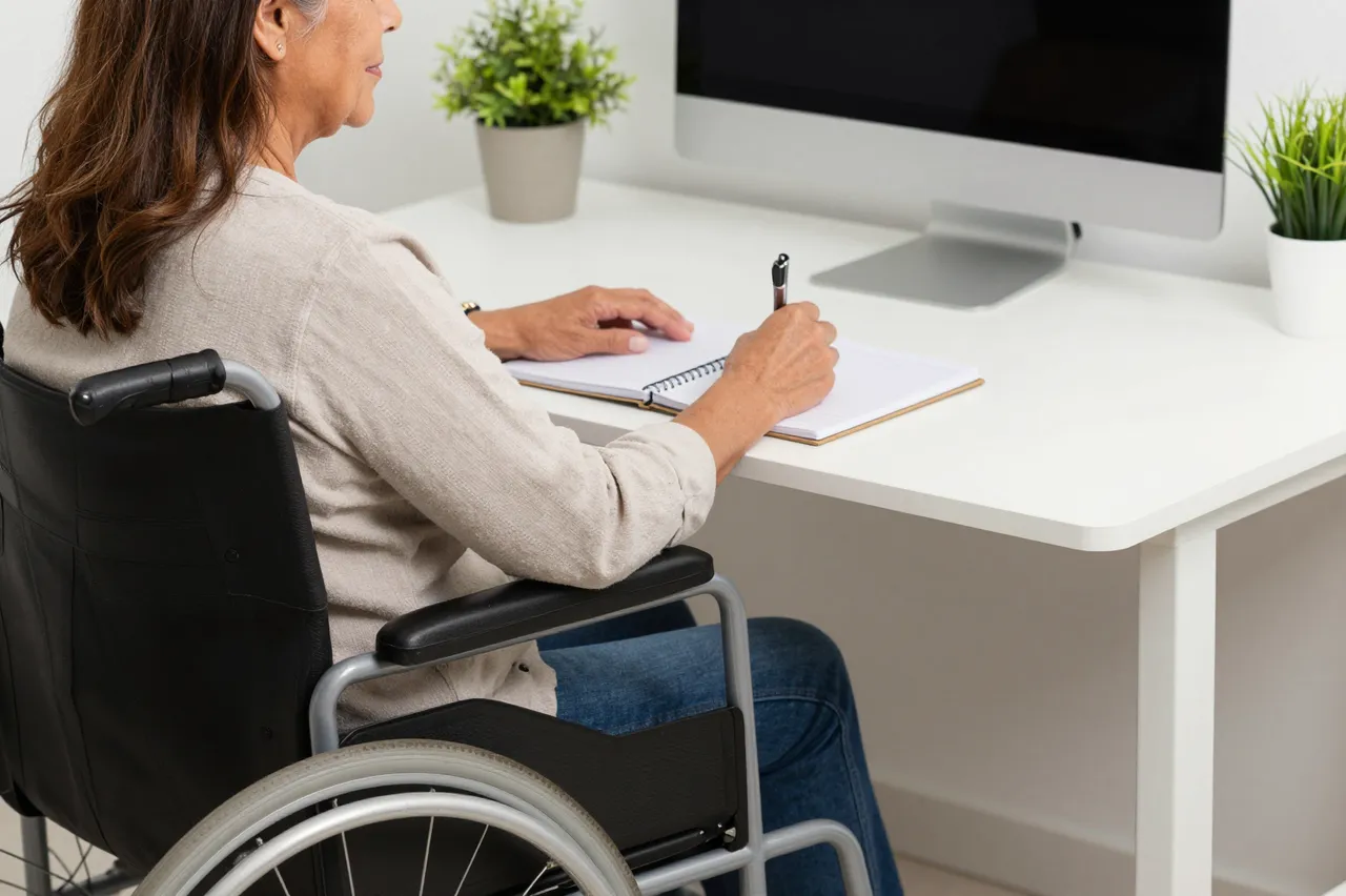A mature Latina woman in a wheelchair writes in a notebook at a modern office desk with potted plants and a computer monitor