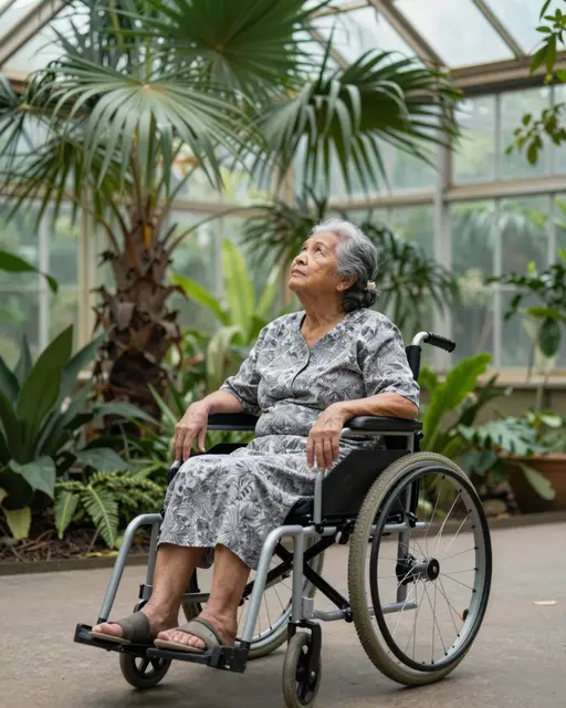 Elderly Pacific Islander woman in a wheelchair looks up at palm plants inside a sunlit botanical glasshouse