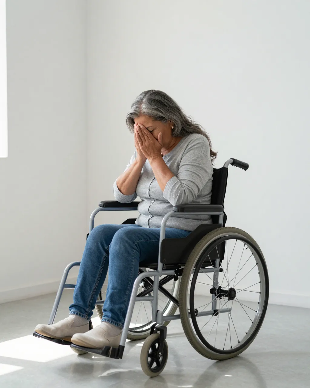 Older Latina woman in a wheelchair bows her head with hands covering her face in a sunlit quiet room