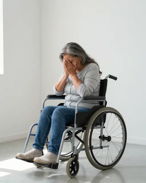 Older Latina woman in a wheelchair bows her head with hands covering her face in a sunlit quiet room