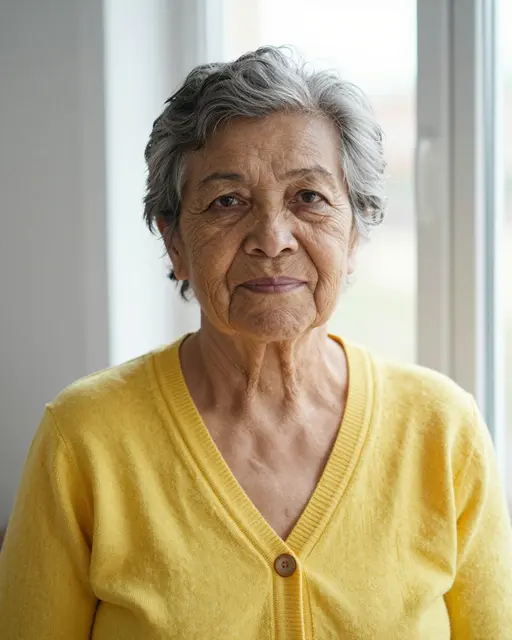 Portrait of an elderly mixed-race woman in a bright yellow cardigan lit by soft window light