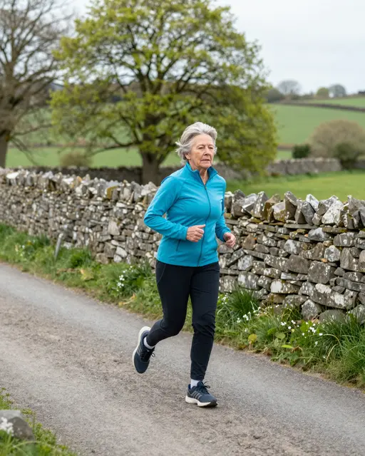 Older woman in athletic wear jogs along a rural lane beside a dry stone wall in early spring