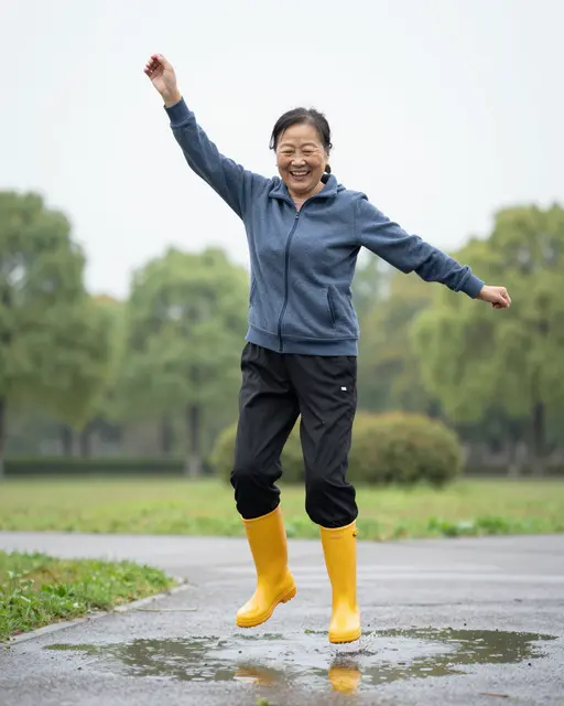 Laughing older East Asian woman in yellow rain boots jumps over a puddle on an overcast park path
