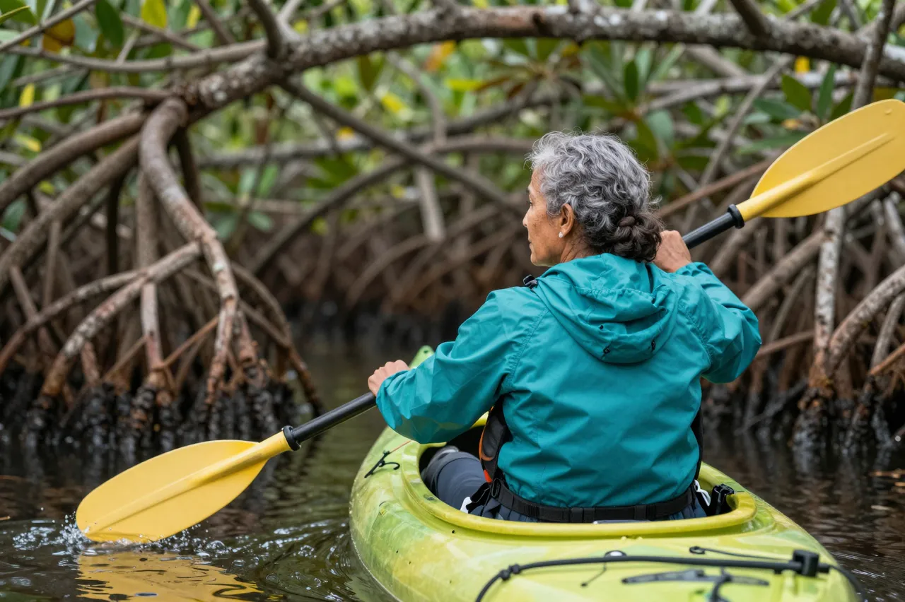 Rear view of an older woman in a teal jacket paddling a kayak through a mangrove waterway