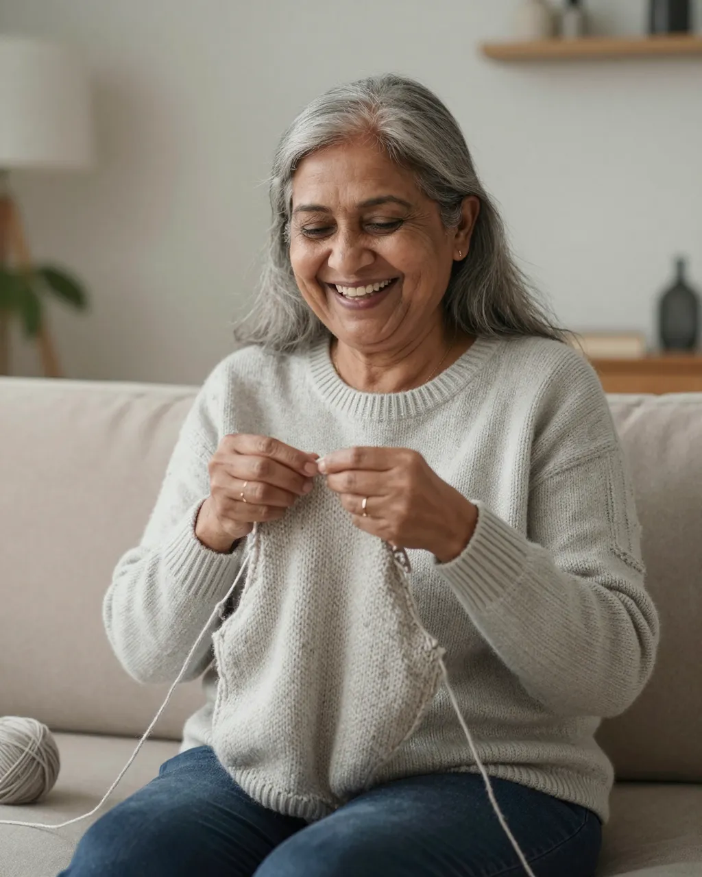 Laughing older South Asian woman sits on a cozy couch working on a knitted project with yarn