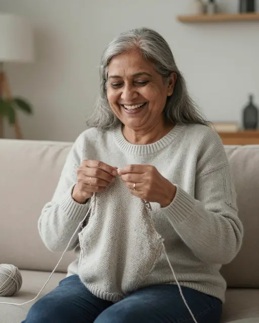 Laughing older South Asian woman sits on a cozy couch working on a knitted project with yarn