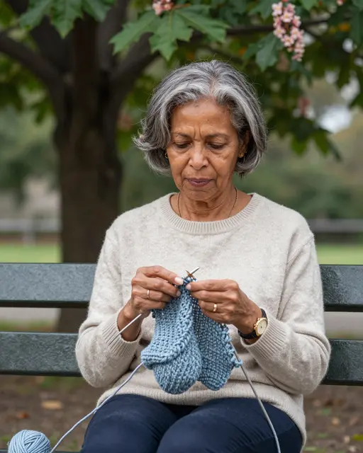 A mixed-race woman in her sixties sits on a park bench knitting blue yarn under a chestnut tree.