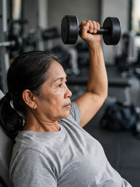 Side view of a mature Southeast Asian woman lifting a dumbbell while seated on a gym bench.