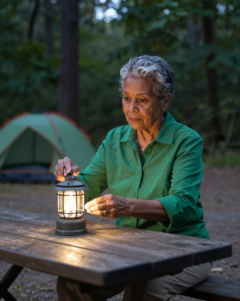 Elderly mixed-race woman in a green shirt lights a small lantern on a wooden picnic table at a forest campsite at dusk