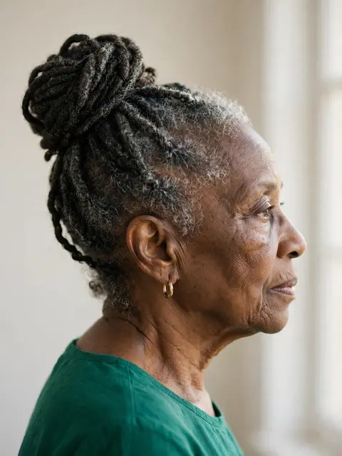 Profile view of an older Black woman with a loc bun wearing an emerald top in soft natural light