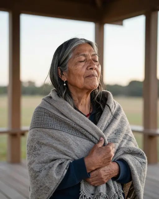 An older Indigenous woman with closed eyes wrapped in a woven shawl rests on a wooden porch at dawn.