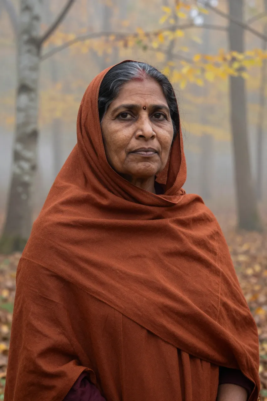 Portrait of a South Asian senior woman in a rust shawl standing in a misty autumn beech forest