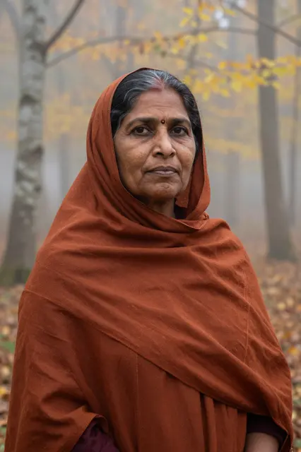 Portrait of a South Asian senior woman in a rust shawl standing in a misty autumn beech forest
