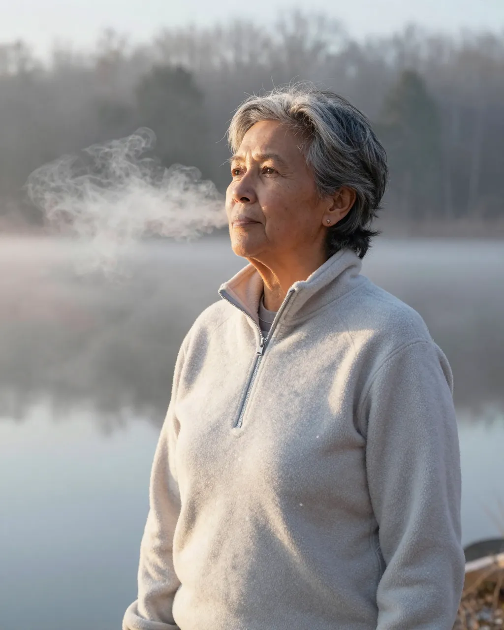 Mixed-race older woman in a fleece stands by a misty lake with visible cold breath at dawn