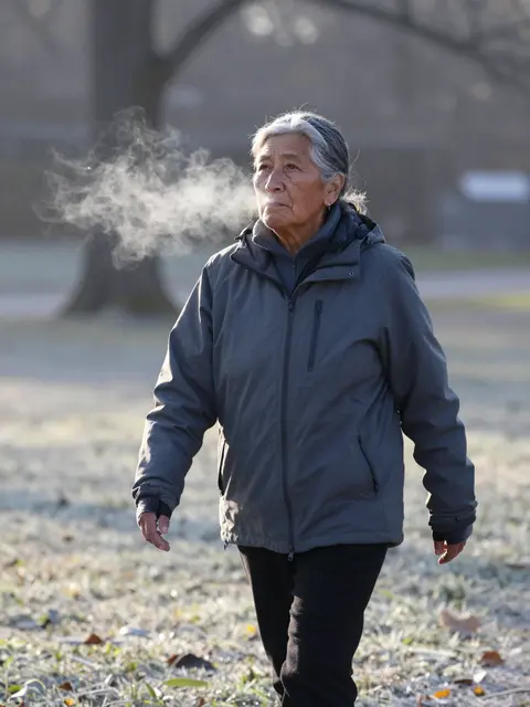 An older woman walks through a frosty park, with visible cold exhaled breath around her face
