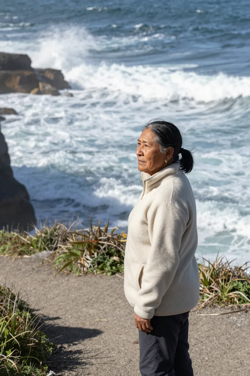 Side view of an older Indigenous woman in a cream fleece standing on a coastal path above crashing ocean waves