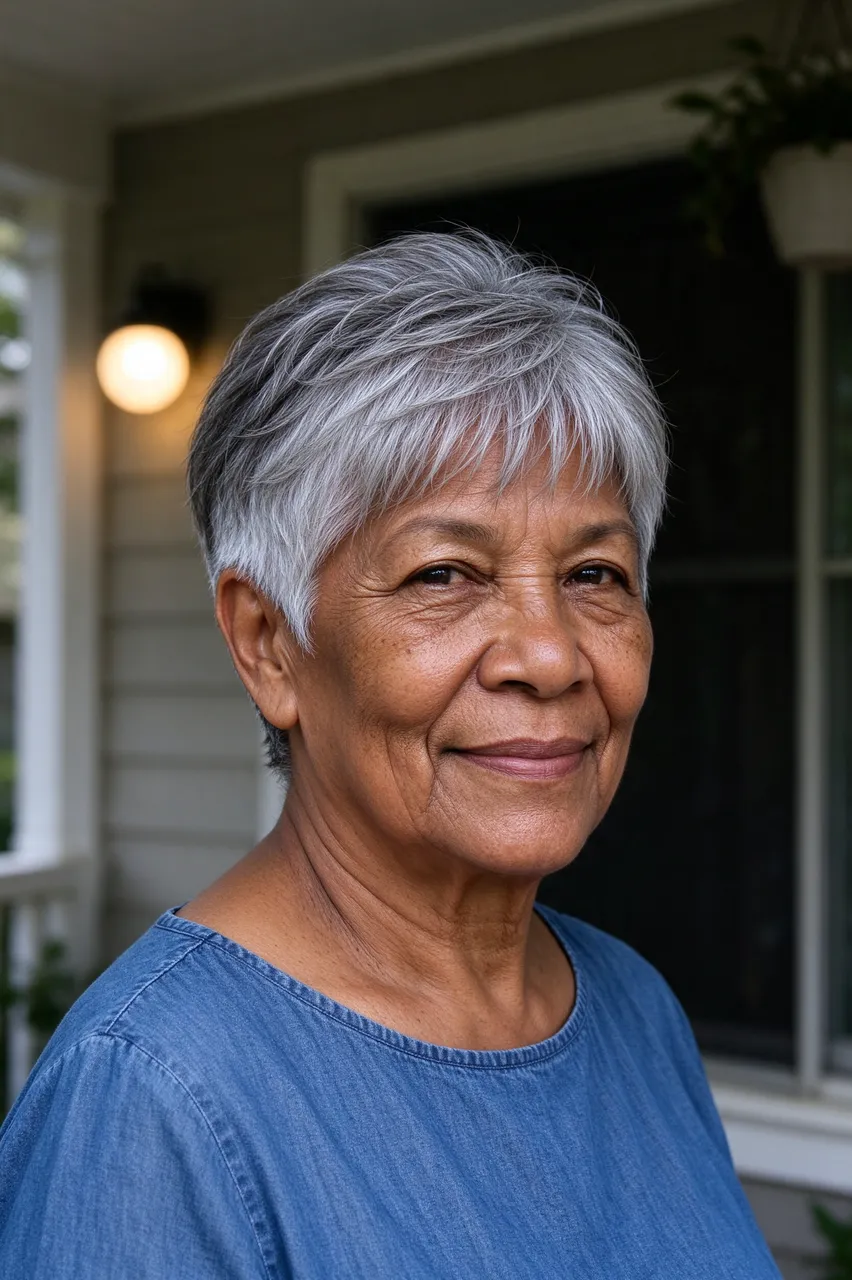 A smiling Indigenous woman in her late sixties stands on a home porch wearing a blue denim top and short grey pixie haircut.